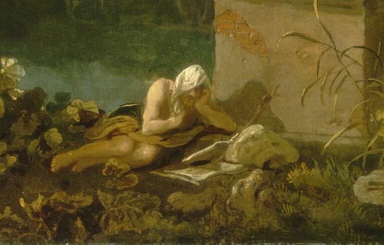 One figure grieves, laid low by the earth.
