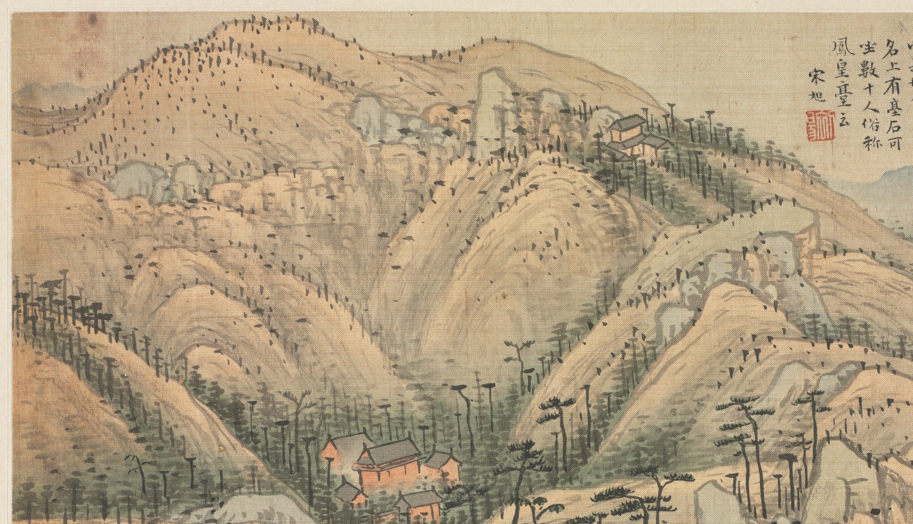 The central geological presence of the composition; its layered, wrinkled surface texture (texture strokes called 'cun') demonstrates Song Xu's brushwork technique for rendering rock.