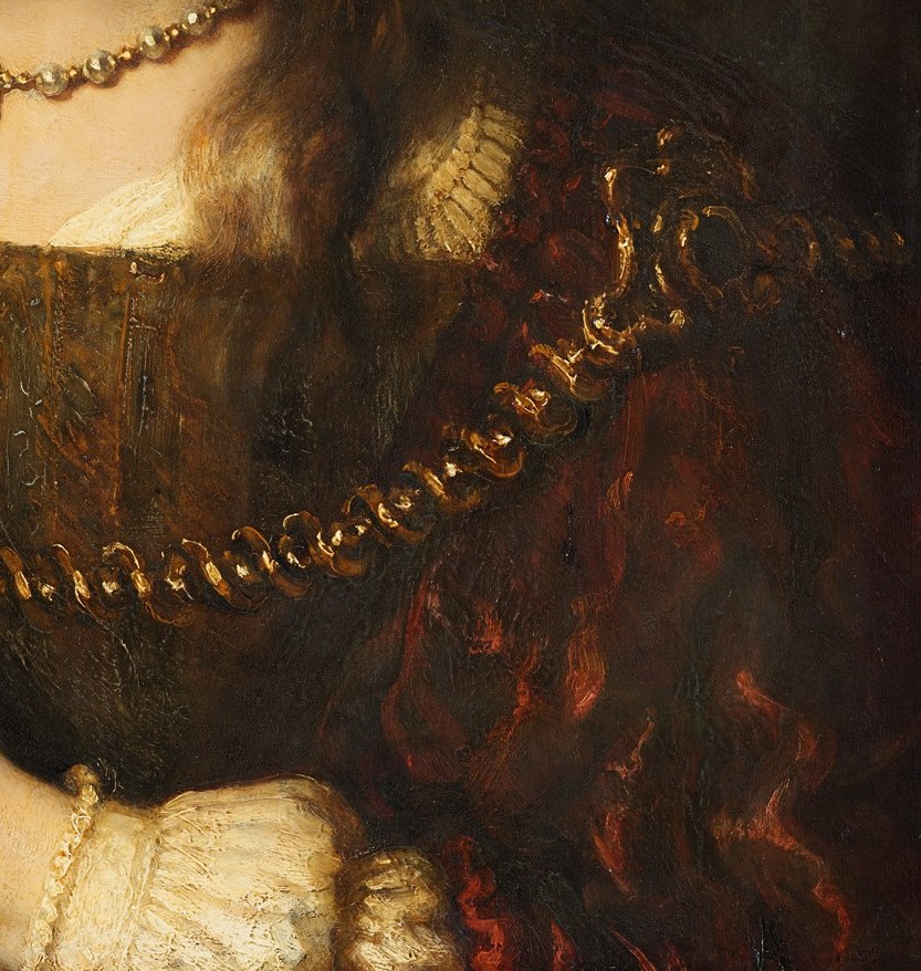 The deep reds and intricate patterns of the fabric showcase Rembrandt's mastery of texture and light.