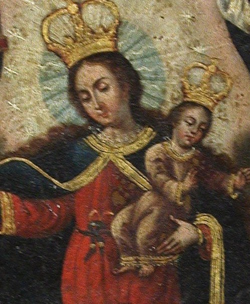 Mary and Christ wear crowns, linking earthly devotion to heaven.