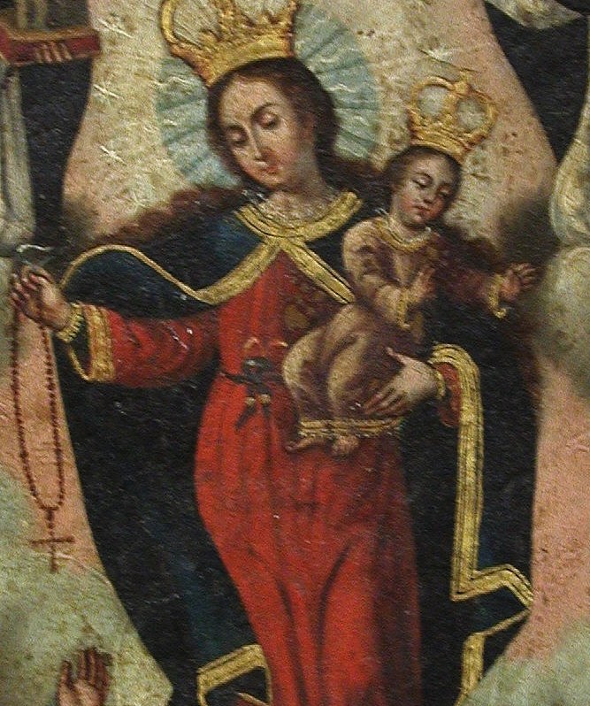 The rosary itself forms the painting's compositional spine.