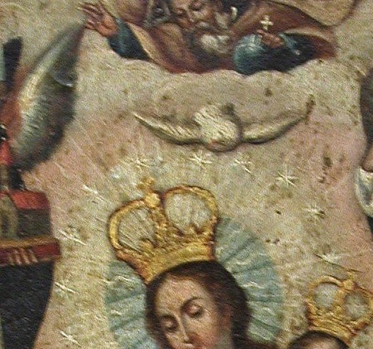 The devotional focal point of the whole composition; her direct forward gaze and golden crown establish queenly authority in this Marian apparition schema.