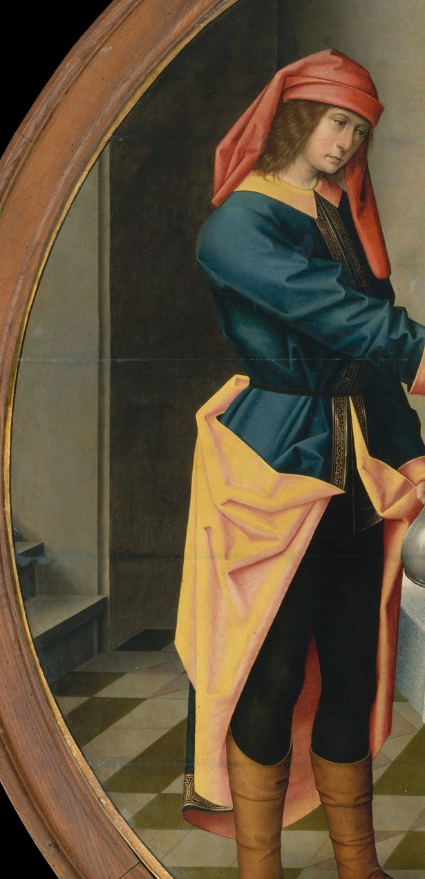 Likely the chief butler; his blue dress and waiting posture suggest expectant anxiety as he hears his fate