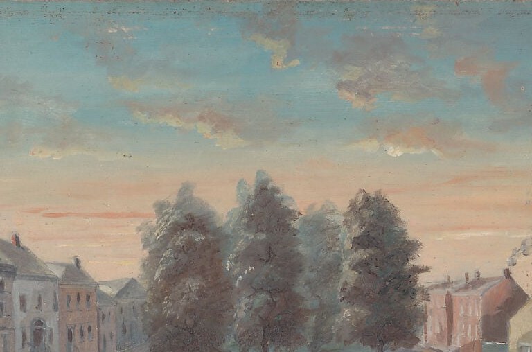 The visual anchor of the painting; the deep greens create a wall of nature pressed into the urban grid, and dappled light breaking through the crown is the scene's main atmospheric effect.