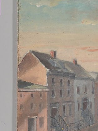 Identifies the specific urban character of Duane Park's 1870s streetscape; a period-accurate New York commercial building that dates the scene precisely.