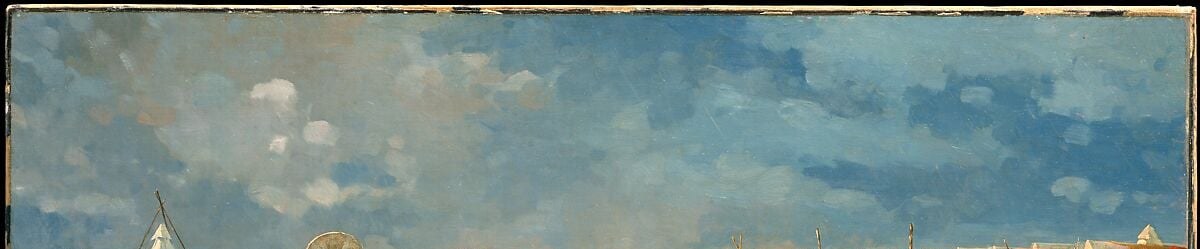 Homer's atmospheric sky is the painting's emotional weather , the low, bruised clouds make the title's 'rainy day' felt rather than merely described, and the light they cast flattens the landscape into a mood of oppressive waiting.