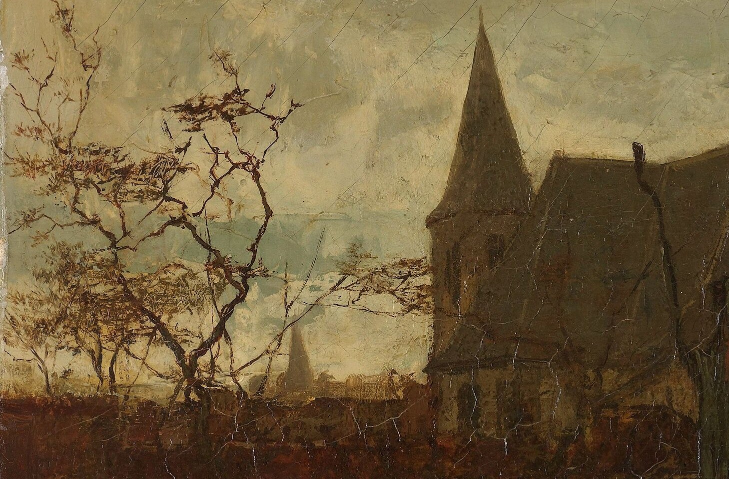 The intricate, dark silhouettes of the branches against the sky create a sense of depth and a slightly melancholic atmosphere.