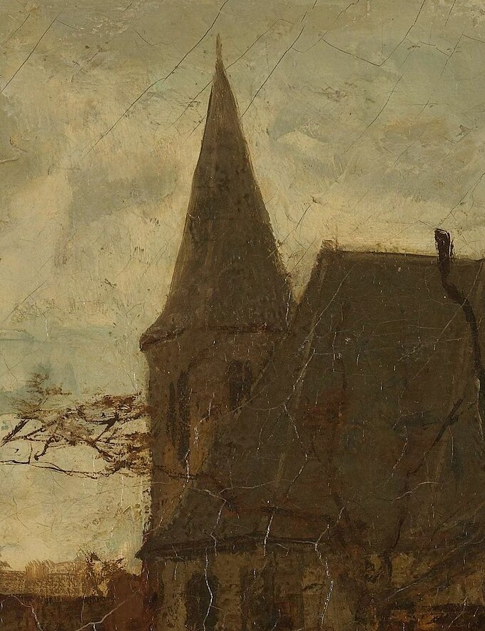 A prominent architectural element that anchors the composition and suggests a rural village setting.