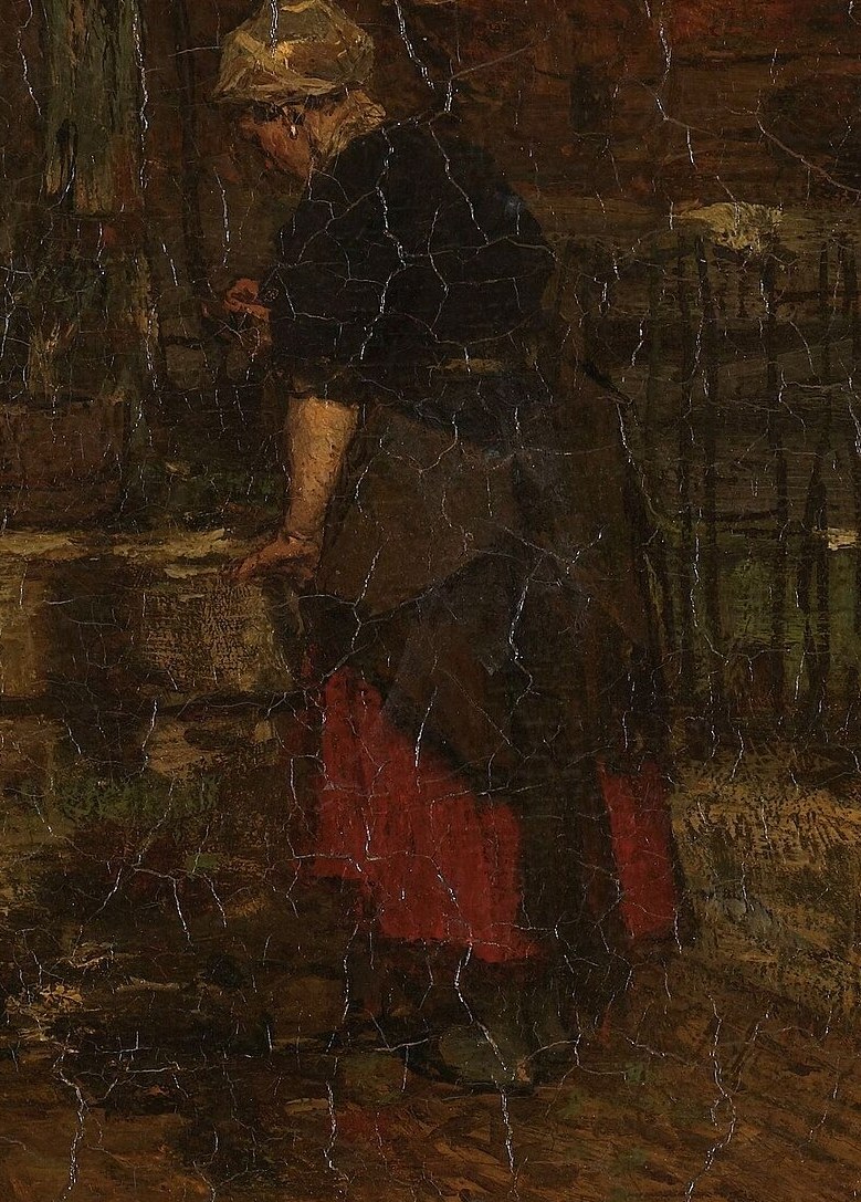 A woman in a red skirt works hard in the foreground.