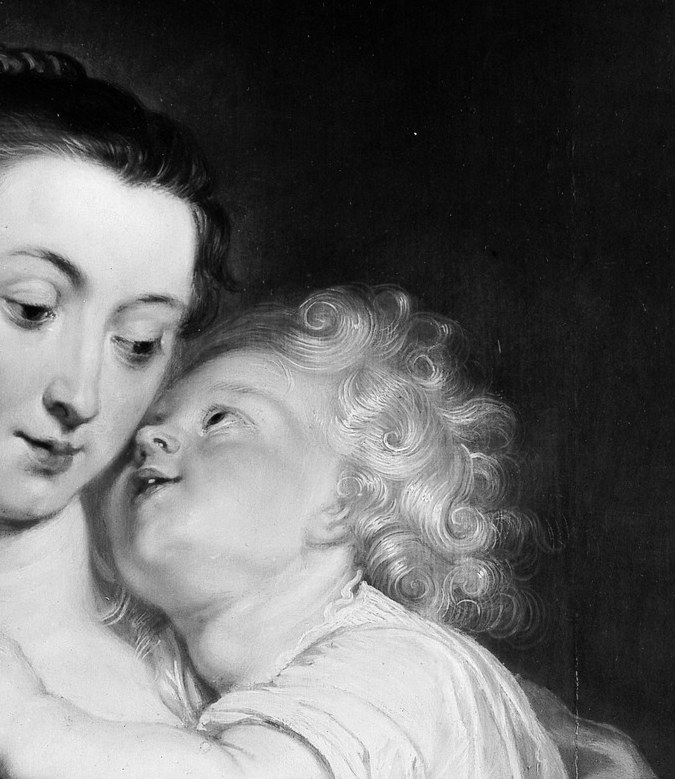 The Child does not bless or lecture. He nuzzles her.