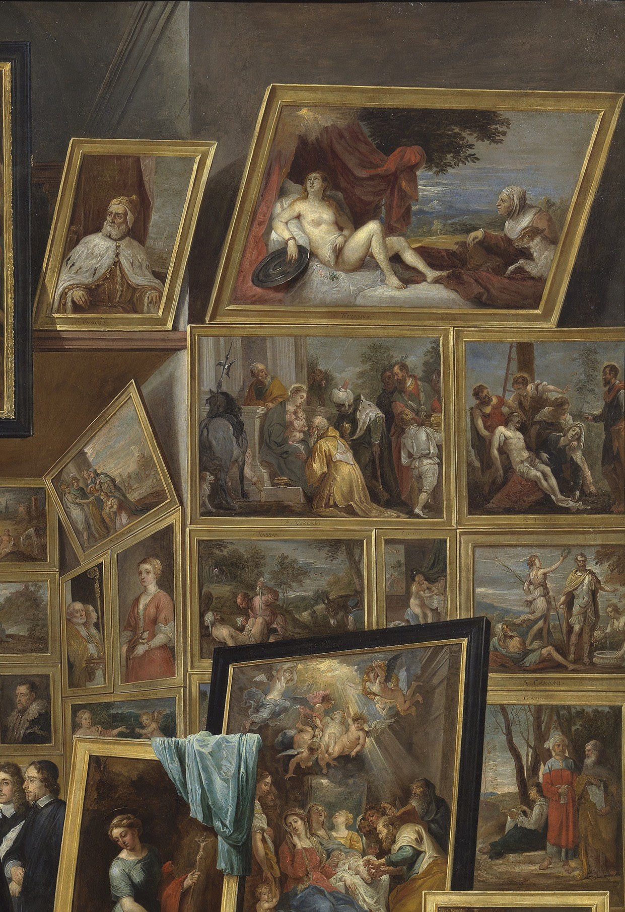 A visual catalogue of the collection; individual works are identifiable mini-paintings within the painting, a hall-of-records of 17th-century taste.