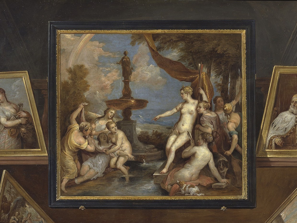 The biggest painting on the wall , probably after Titian or Veronese; its scale asserts the Archduke's ambition and Italian taste.
