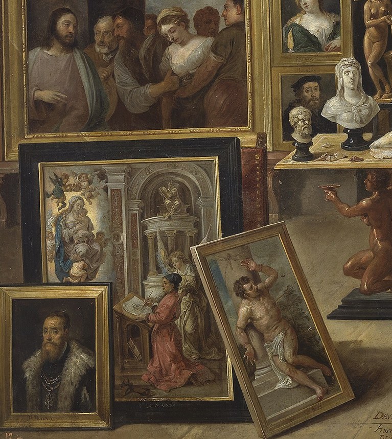 Likely Teniers himself or a connoisseur at work; the act of looking and recording mirrors what we are doing as viewers.