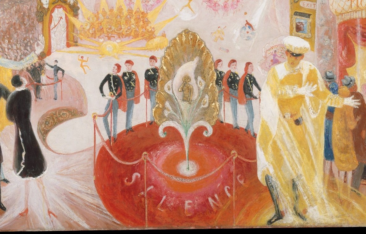 The congregation at the altar rail, their identical elegance satirizes the ritual of 'going out,' a scene Stettheimer knew intimately from her own salon life.