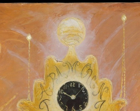 Hovering like a monstrance or spotlight, it anchors the painting's religious-entertainment pun and floods the central scene with artificial divinity.