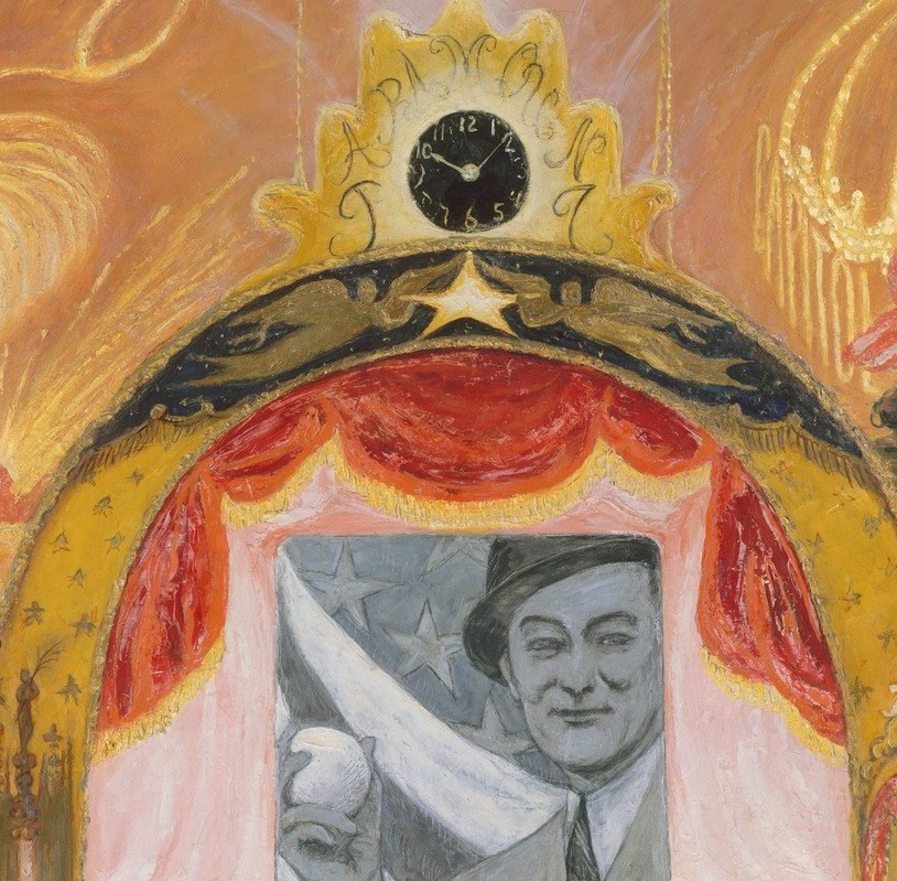 The painting's conceptual heart: a newsreel of Walker throwing the season's first pitch collapses film, sport, and politics into a single theatrical frame, encoding the era's celebrity culture.