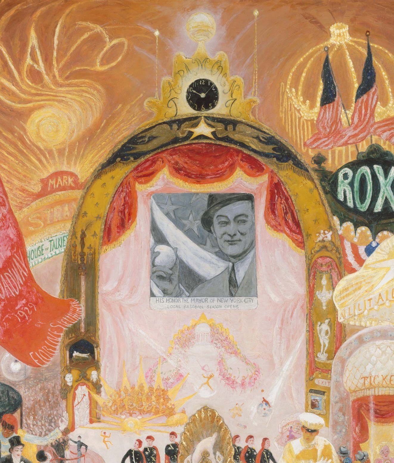 Stettheimer equates movie palaces with cathedrals through this soaring arch, the entire composition hangs from it, making the arch itself the sermon.