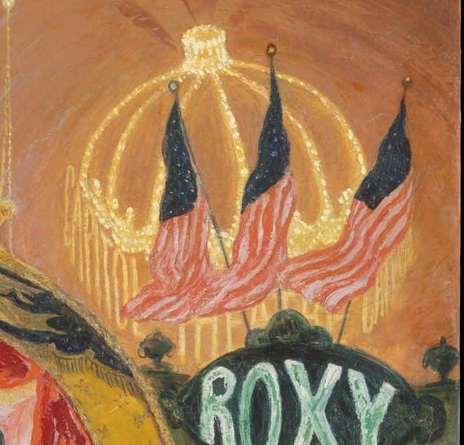 A real 1929 Times Square marquee rendered as a sacred emblem; its commercial glow is the painting's secular stained glass.