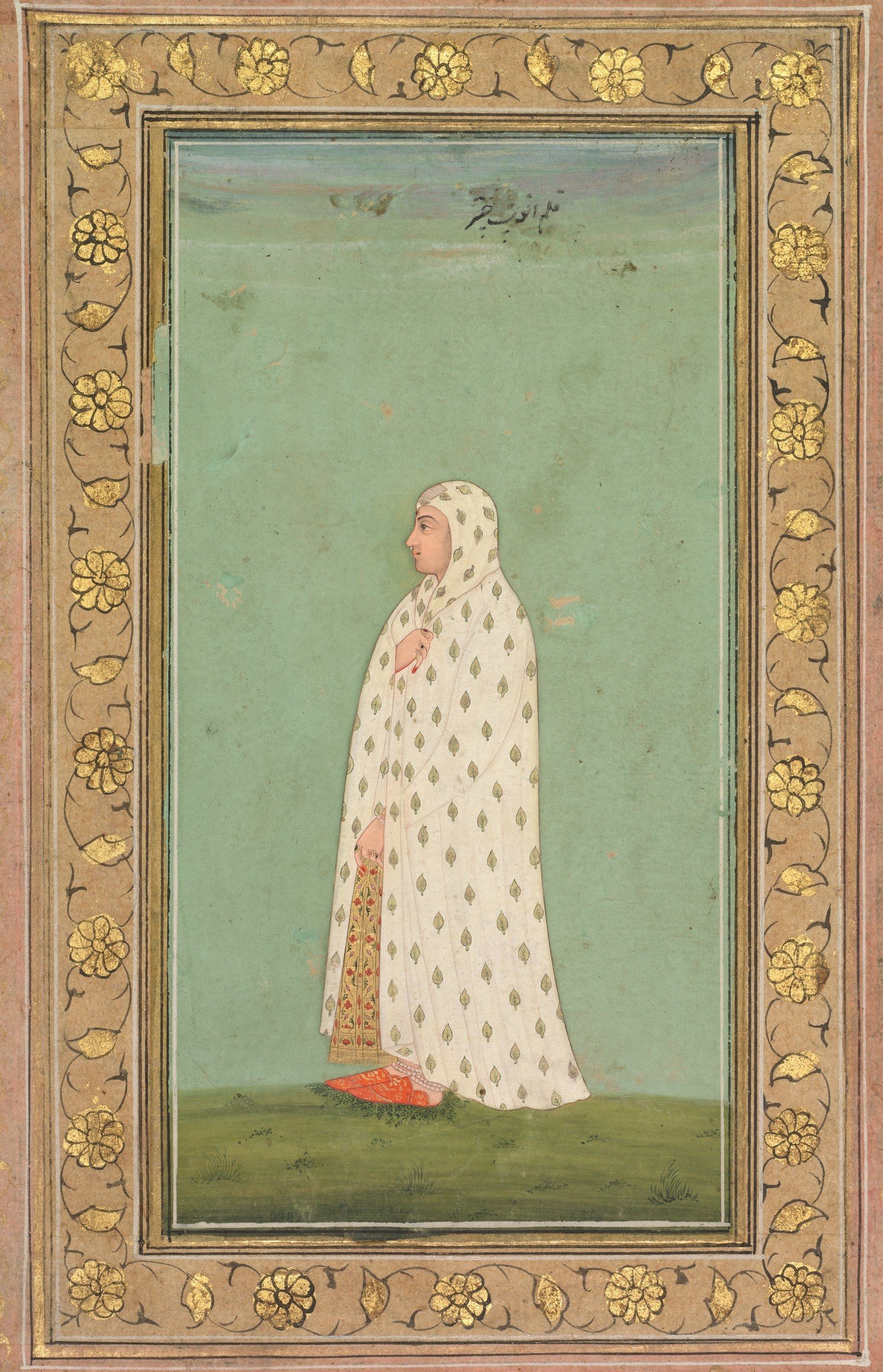 The deep, undefined background isolates the figure, emphasizing her presence and drawing all attention to her.