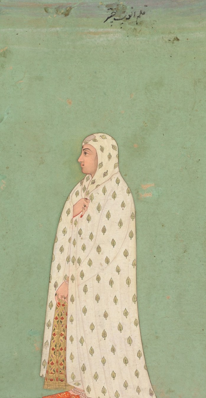Her vibrant scarf adds movement and richness to the portrait.