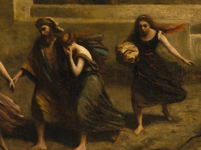 The disturbing act of carrying a head adds a layer of horror and symbolic meaning to the scene.