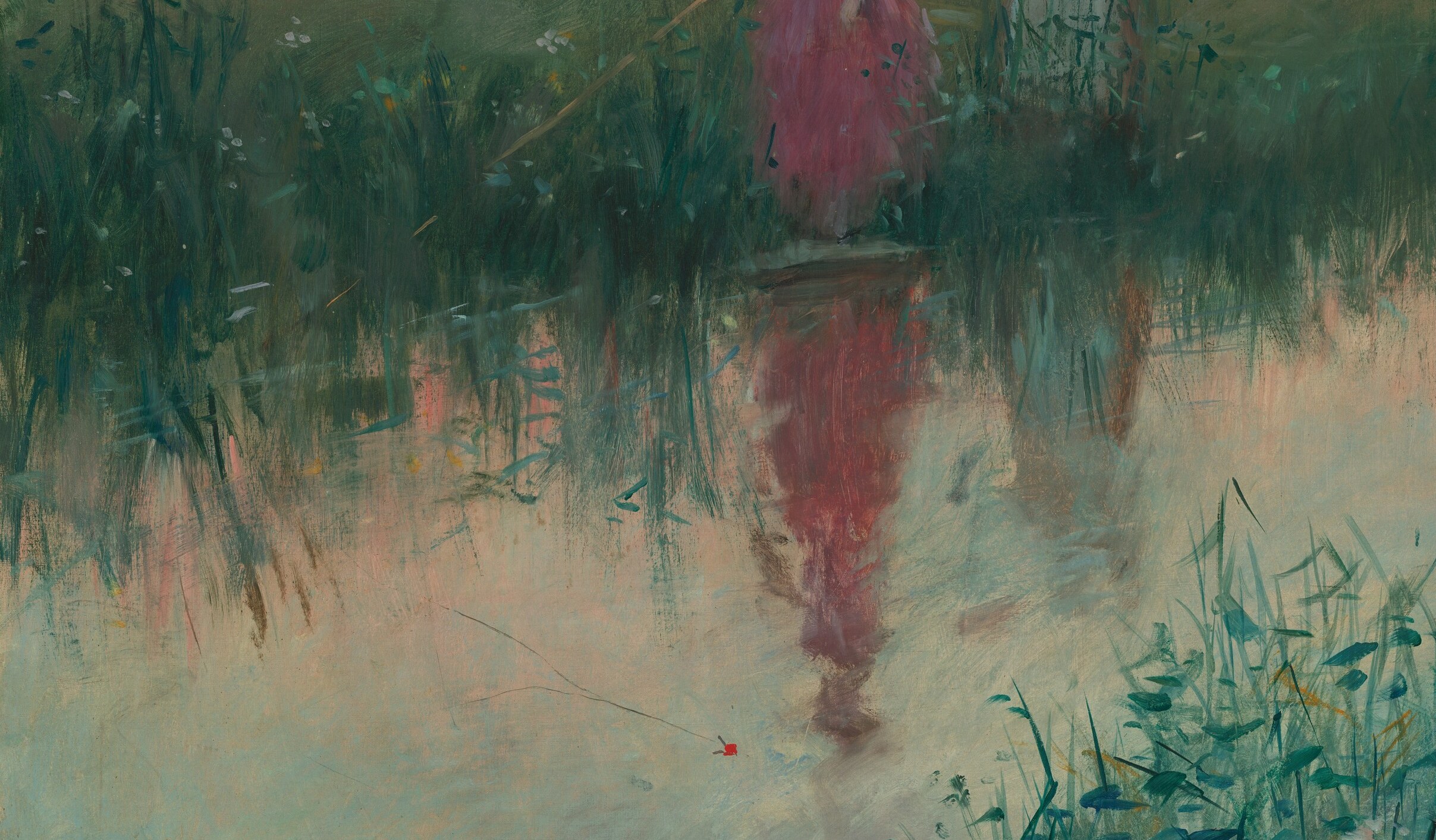 The still water acts as a mirror duplicating the sky's palette , the scene is as much about reflection and light as about fishing