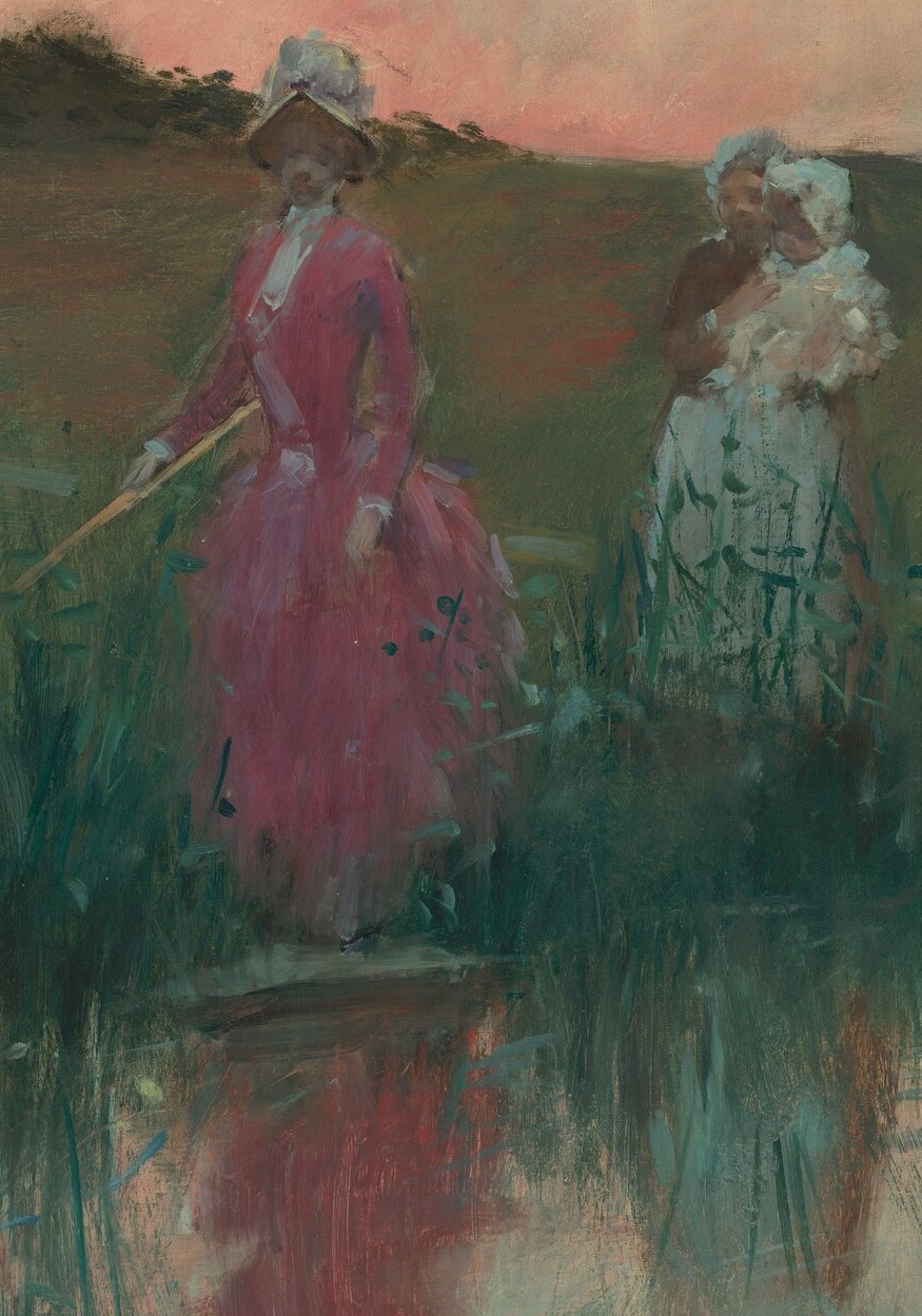 A woman in a rose-red dress stands at the water's edge.