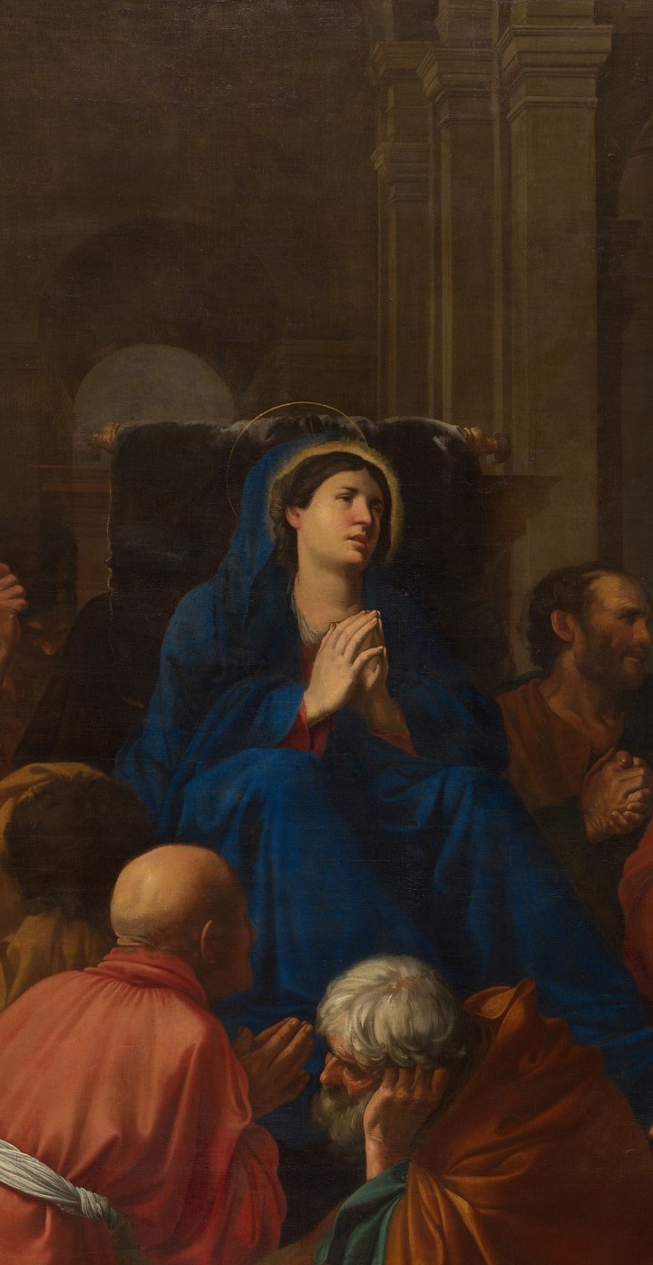 Ultramarine was the most costly pigment of the era, reserved for Mary; the sweep of Saraceni's folds across her body is a controlled display of drapery virtuosity within an otherwise austere palette.