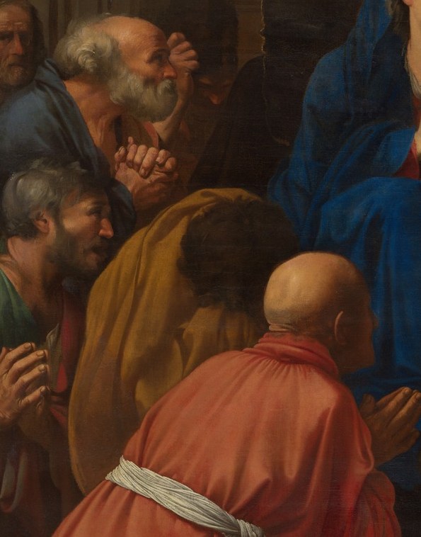 Likely Peter or aged John; the forward cant of head and shoulders communicates grief without showing the face , Baroque body-language at its most economical.