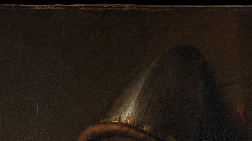 The prominent helmet is the clearest attribute linking the sitter to Mars or a military identity; the plume catches light and frames the face dramatically