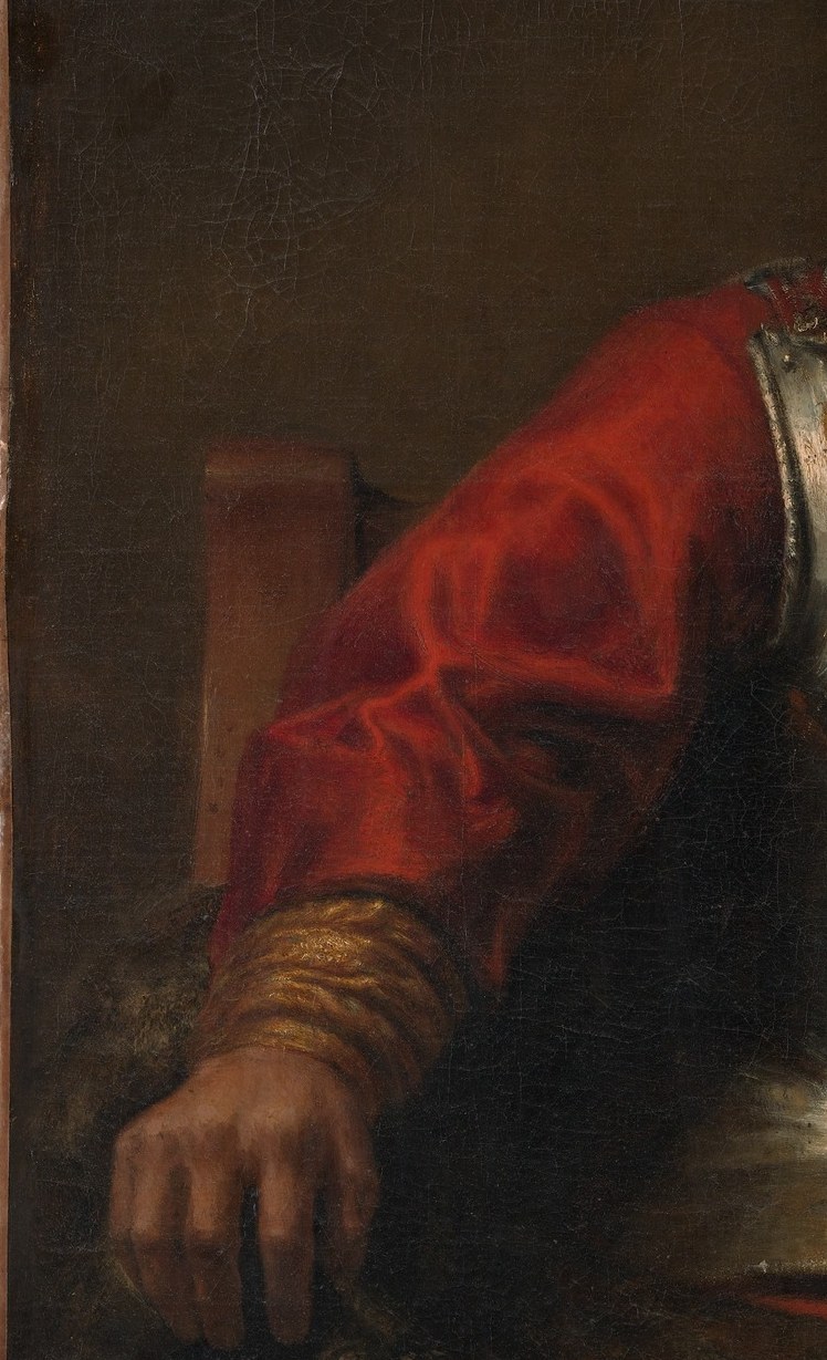 The saturated red is the dominant color accent and a classical iconographic marker for Mars and power; its folds show confident brushwork