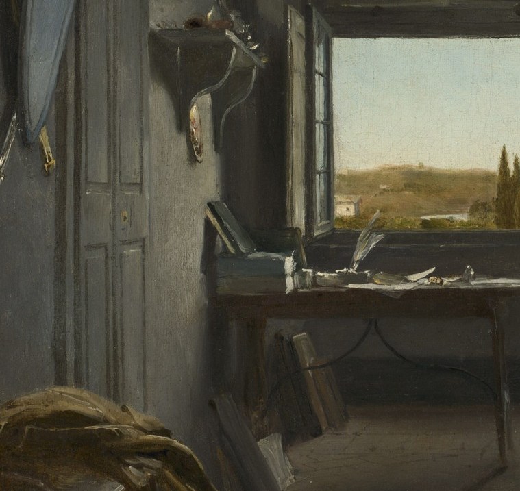 The scatter of papers and books implies creative process in mid-stream; a camera close-up here reveals the working method of a Prix de Rome student.