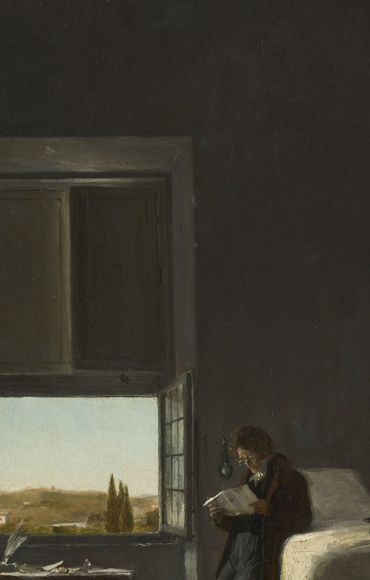 Acts as a painting-within-a-painting: the sunlit Roman Campagna beyond contrasts sharply with the shadowed interior, framing the artist's world between imagination and reality.
