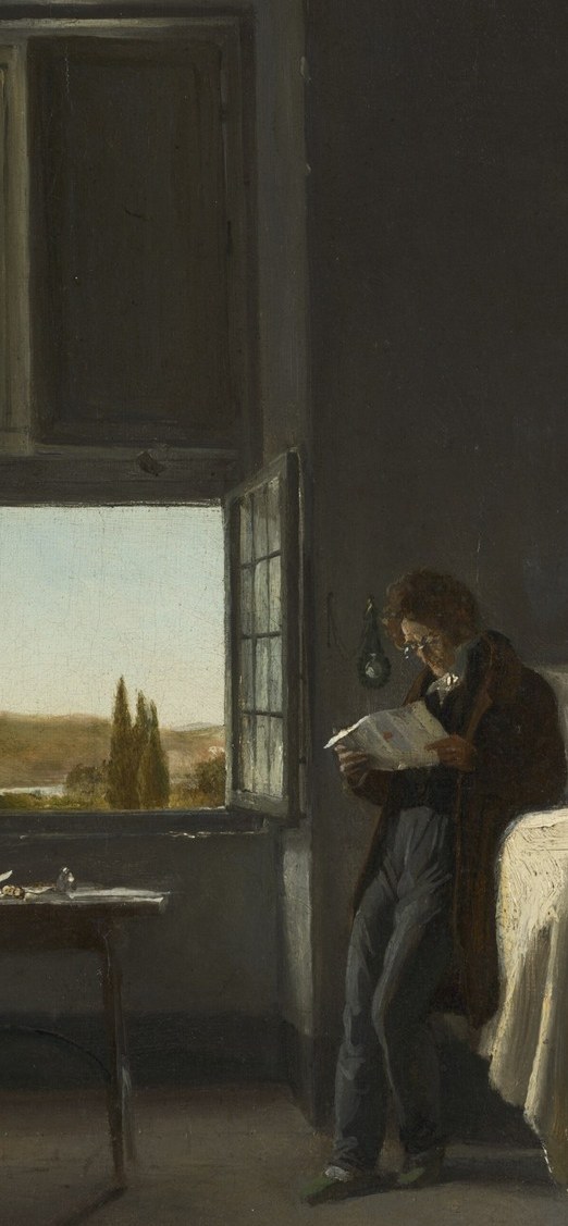 The compositional anchor , his absorbed posture and dark silhouette against the bright window light embody the Romantic ideal of solitary intellectual immersion.