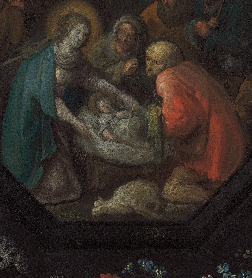 The only light in the stable comes from the infant himself.