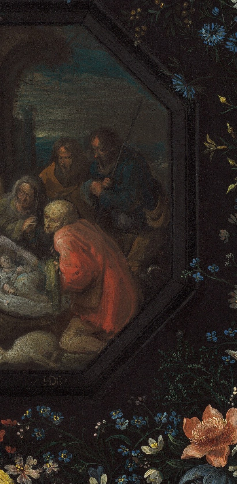 It shows shepherds kneeling before a newborn child.