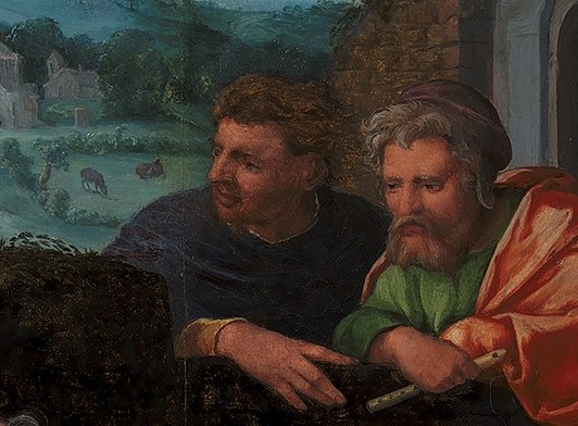 Here, two other figures watch the holy family.