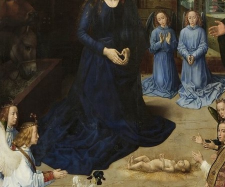 Mary cradles the infant Jesus, symbolizing hope.