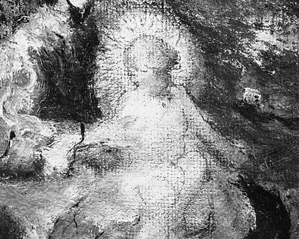 Painted in the brightest whites of the canvas, the infant radiates light against the dark surround , a traditional halo effect achieved purely through tonal contrast.