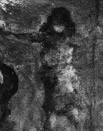 Rendered almost entirely in deep shadow, John's smaller, subordinate silhouette is a study in reverential witness , he looks toward the pair but barely exists materially.