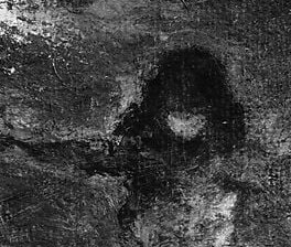 A near-silhouette that reads as deep submission; the deliberate suppression of his features makes him spiritually present but visually secondary to the divine pair.
