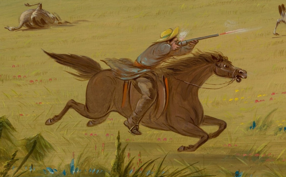 A hunter on horseback aims his rifle at a fleeing ostrich.