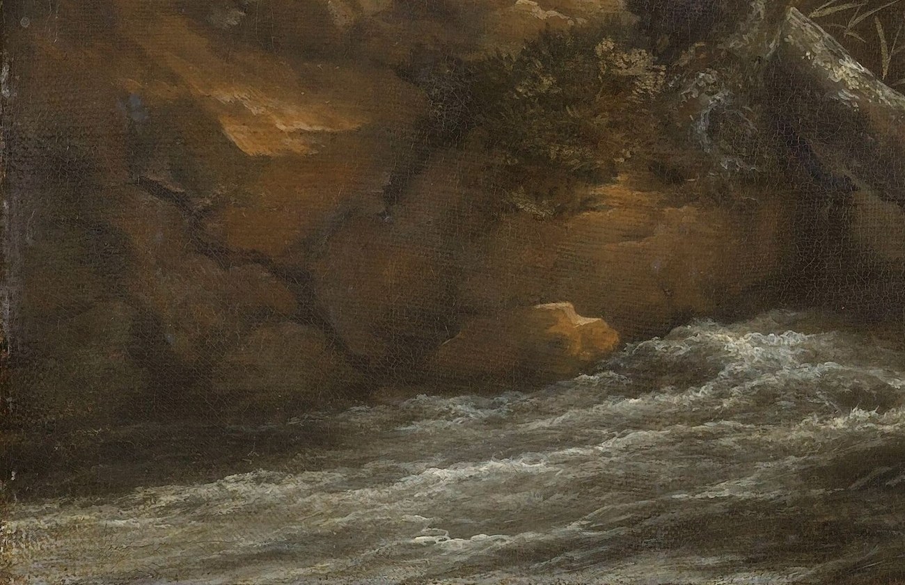 The dynamic rendering of the water suggests its power and the constant flow of time.