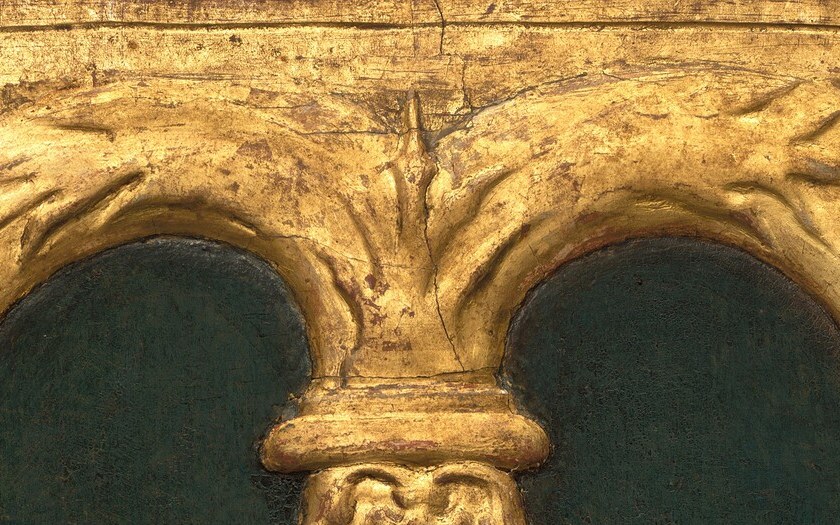 The canopy is dense with heraldic ornament and gold.