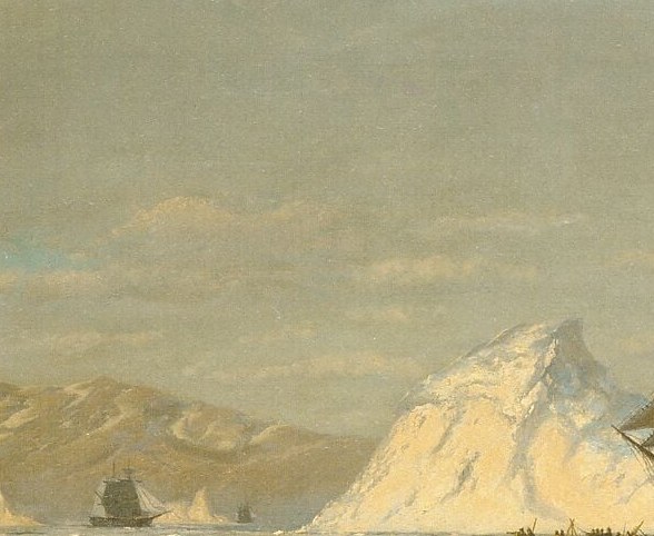 Towers above the ship on the same compositional axis, enforcing the scale comparison that defines the Arctic sublime , the ship is a toy against it