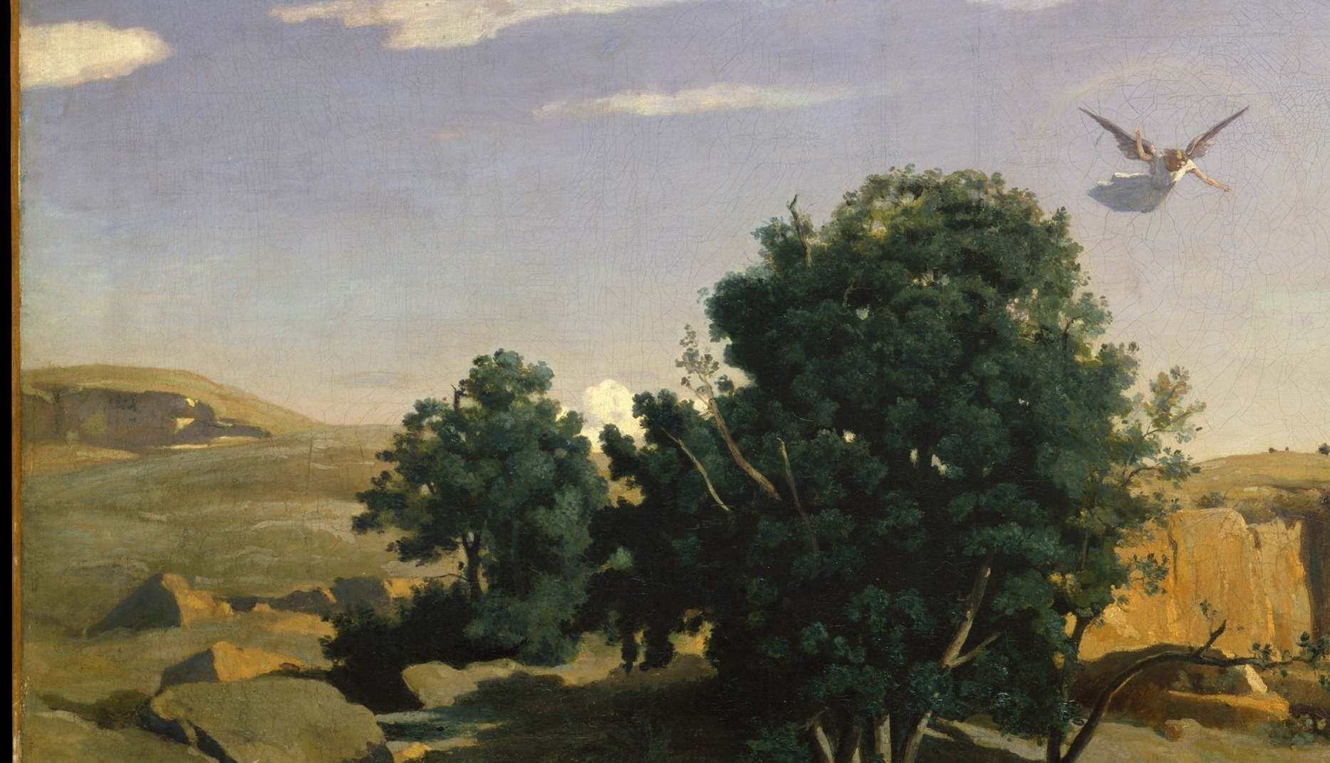 Corot opens the left side to an expansive, hazy distance , a Claudean compositional device that elevates the scene from genre to epic landscape.