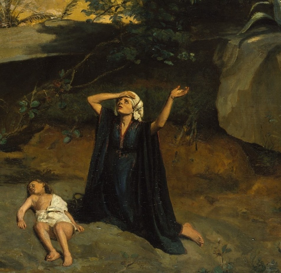 The emotional core of the painting , her upward posture and outstretched arms convey a desperate plea to heaven, the pivot of the biblical narrative.