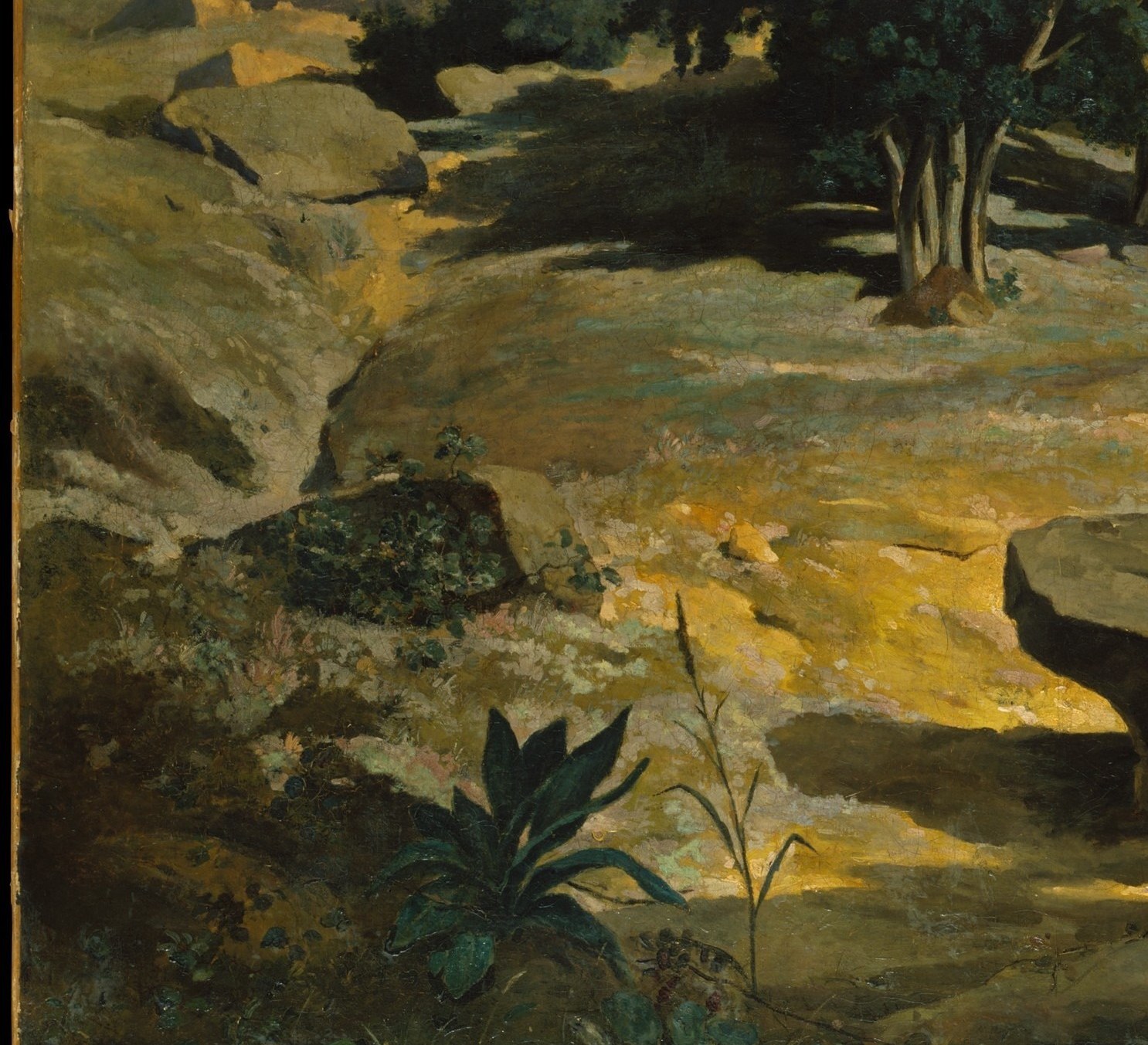 The rough-hewn rocks frame the figures and enforce the barrenness of the wilderness; their warm stone tones echo Corot's Italian plein-air studies.