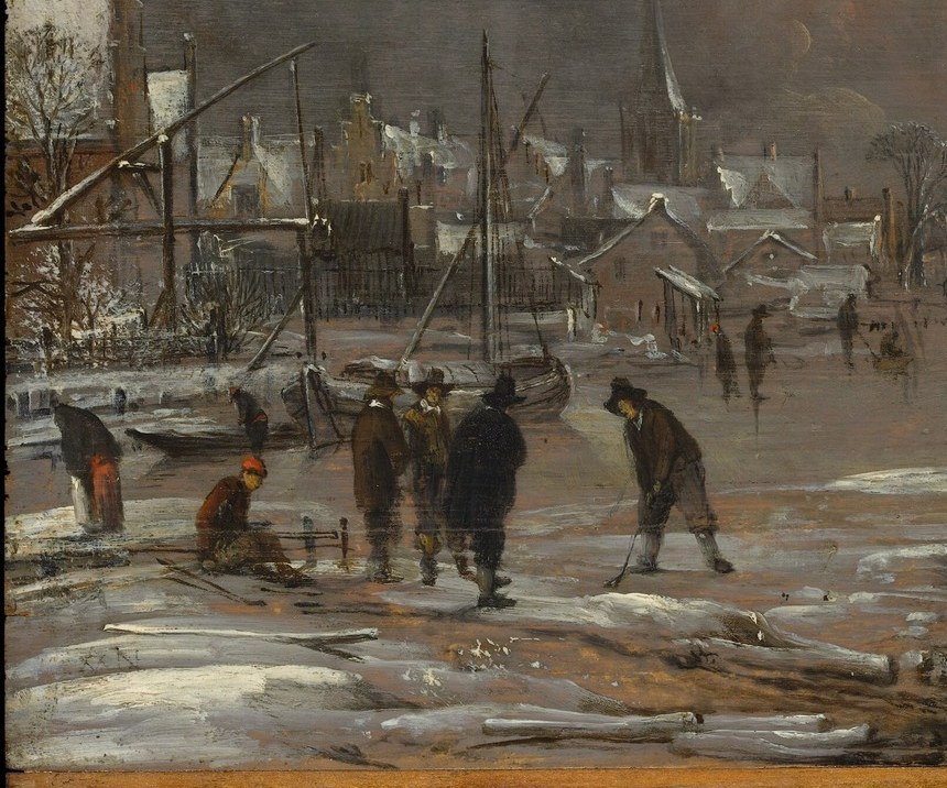 The most densely populated zone , figures in dark winter coats with varied postures convey motion, sociability, and the democratic nature of Dutch public recreation.