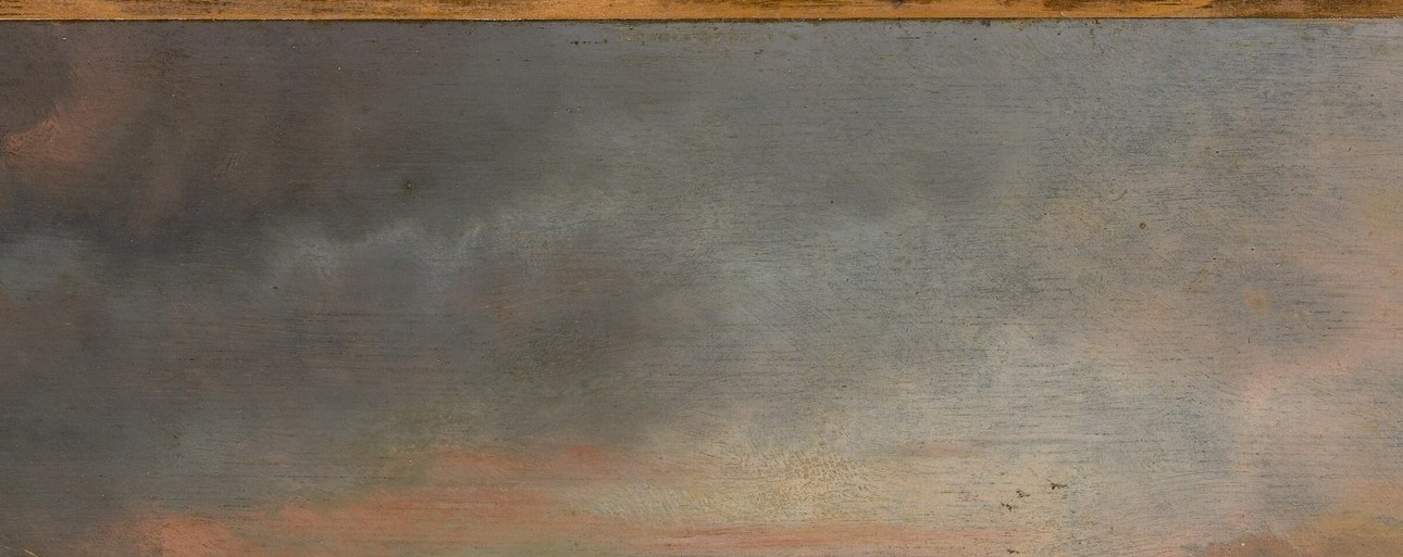 The dramatic warm light cutting through cold grey sky is the painting's emotional spine , the contrast of warmth against a frozen world gives the whole scene its atmosphere.